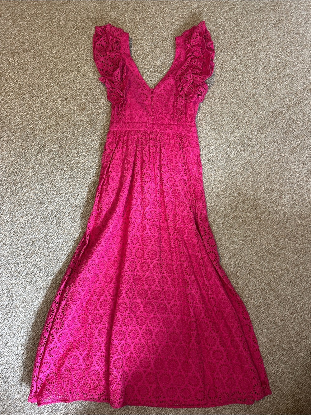 J. Crew Fuchsia Lace Maxi Dress with V-Neck and Ruffle Sleeves